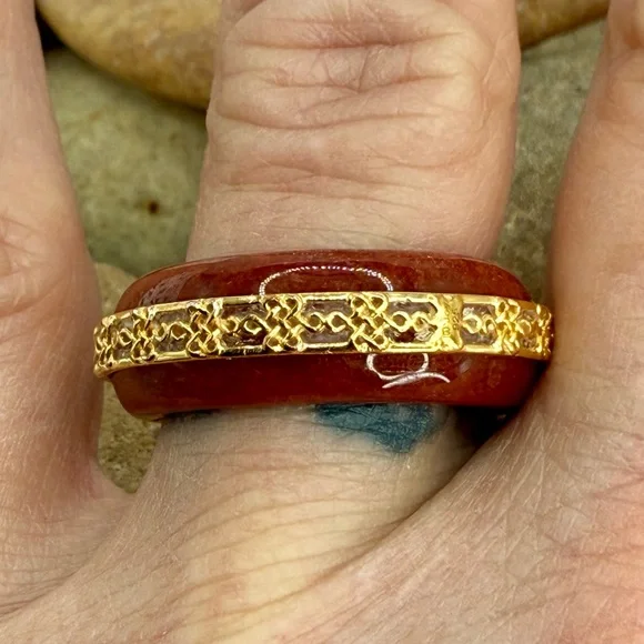 Red Jade Ruyi Knot Band Ring 18K Vermeil Over Sterling Silver Size 8 NWT - Picture 8 of 17